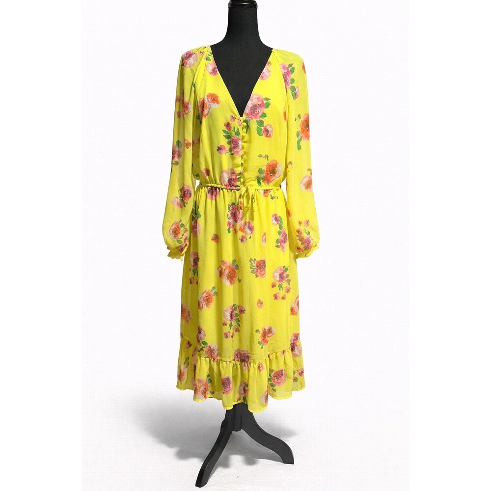 Cotton On Yellow Floral Midi Dress Women’s Large Long Sleeve Elastic Waist